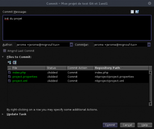 NetBeans - Git - Commit - Mon projet de test Git et 1and1